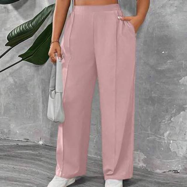 SHEIN Plus Size Pink Woven Fabric Casual Long Pants With Zipper Detail For Effortless Everyday Style  For Vacation Teacher Outfits For Women