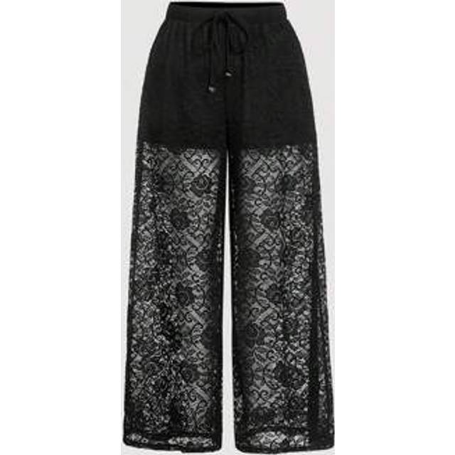 SHEIN Plus Size Black Romantic Elegant Lace Jacquard Wide Leg Pants, Casual Vacation Trousers. . Pants Outfits For Women Boho Pants