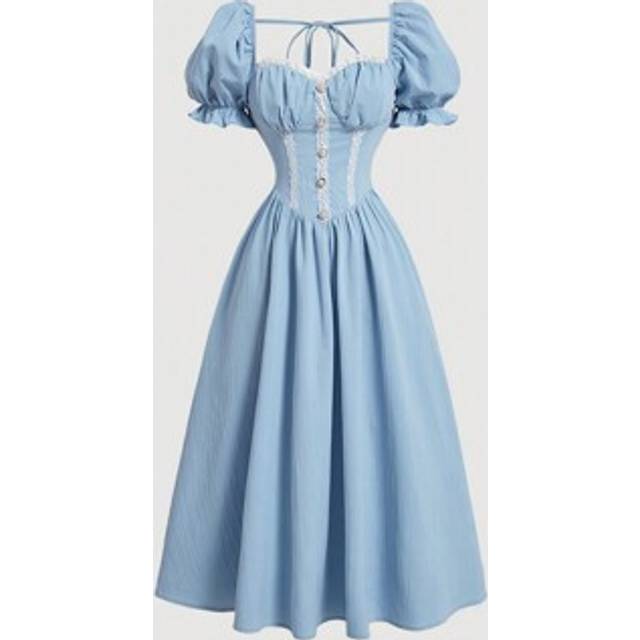 SHEIN Solid Color Retro Women&#39;s Dress With Puff Sleeves And Lace Decoration,Pastel Dresses For Women
