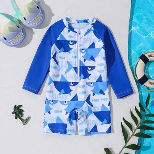 SHEIN Infant One-Piece Swimsuit, Zipper Design, Ocean Life Shark Print, Essential Summer Beach Holiday Fashion Piece. Long Sleeve, Blue Contrast Color, Ador