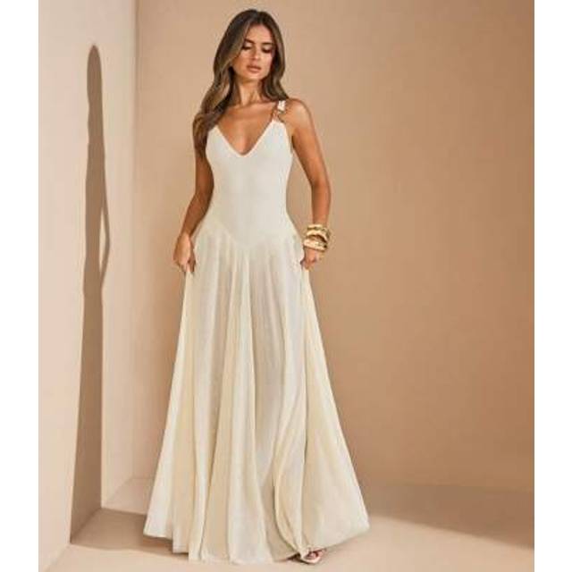 SHEIN Beige Sleeveless Dress With Flared And Flowy Mesh Skirt, Sheer Net Long Dress, Beach Holiday Long Dress, Elegant Dress For Spring/Summer Party Dresses