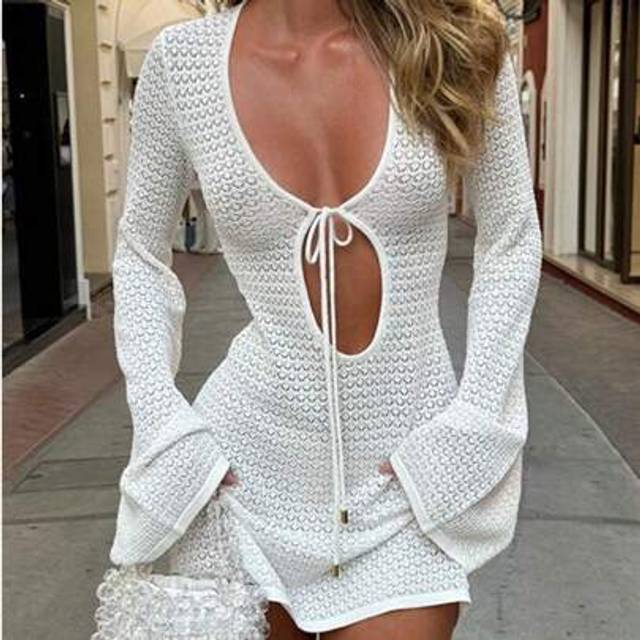 SHEIN Spring And Summer New Women&#39;s Elegant See-Through Long Sleeve Crochet Short Smock Dress,Dress With A Tie Belt Knit Dress, V - Neck Beach Dress,For Out