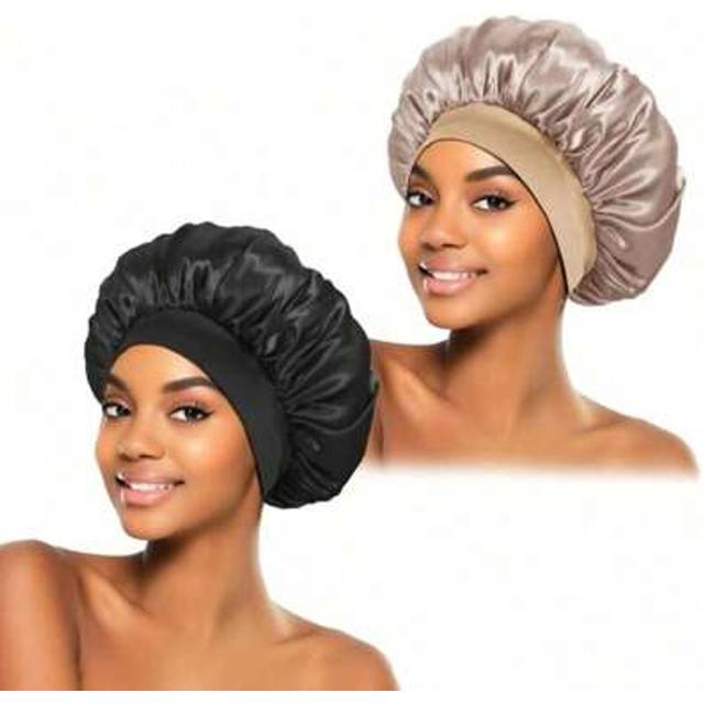 SHEIN 2pcs Silk Bonnet For Sleeping, Satin Hair Bonnets, Soft Elastic Band Silk Sleep Cap, Silk Hair Wrap For Curly Hair (Black Gold) Home Bathroom Decor Su