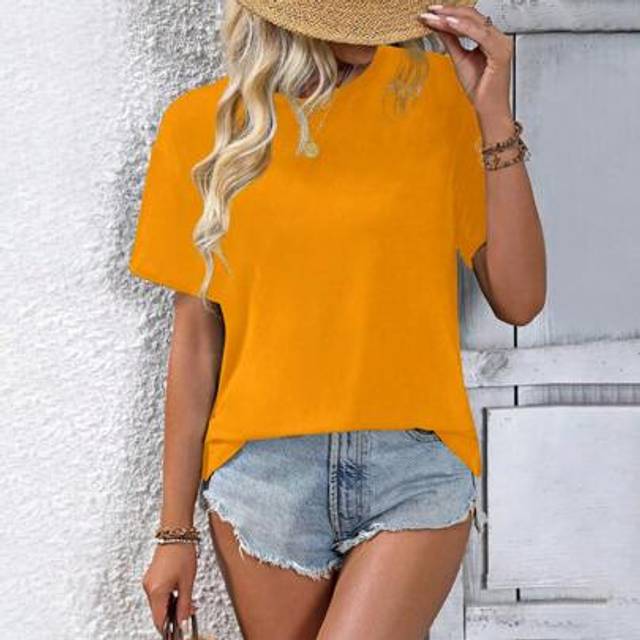 SHEIN Women Back-Split Plain Casual Round Neck Short Sleeve T-Shirt