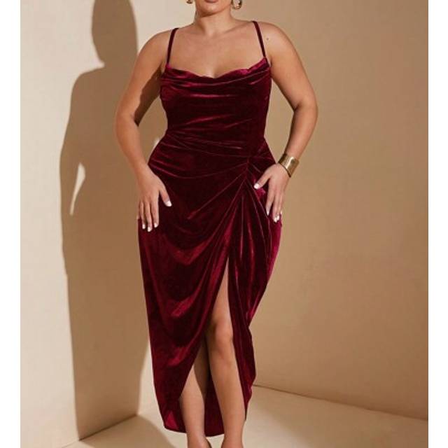 SHEIN Plus Size Summer Elegant Party Festival Occasion Draped Slit Velvet Spaghetti Strap Dress,Birthday Dresses For Women