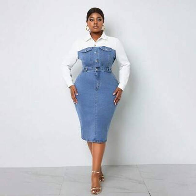 SHEIN Plus Size Denim Bodycon Dress, Casual Long Sleeve Patchwork
