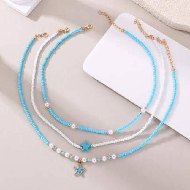 SHEIN 3pcs/Set Blue Ocean Theme Pearl Starfish & Shell Beaded Necklace Set, Girls Daily & Vacation Accessories