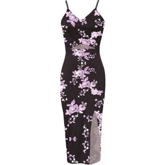Calvaya Printed Asymmetrical Hem High Side Split Spaghetti Strap Cross Back Bodycon Dress For Spring/Summer Maxi Women Outfit