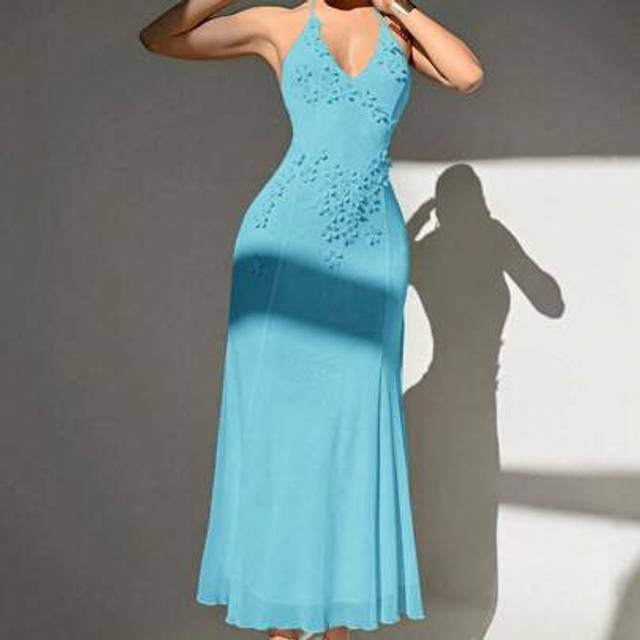 Aloruh Handmade 3D Floral Neck Tie Deep V-Neck High Slit Long Wedding Dress White Mesh Bodycon Gown For Women,Summer Dresses For Women
