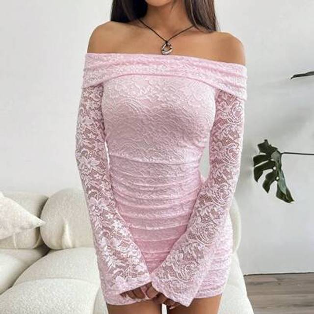 SHEIN Women&#39;s Elegant Solid Color Lace Off Shoulder Fitted Mini Dress,Pastel Dresses For Women