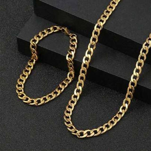 SHEIN 2pcs Stainless Steel Gold-Tone Thick Chain Hexagonal Polished Necklace & Bracelet Set, Fashionable Minimalist Design For Men Daily Wear & Gift