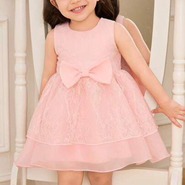 SHEIN Baby Girls Flower Bridesmaid Dress, Wedding, BOW,Flower Girl ,Elegant Pink Lace Dress, Baby Girl Summer Dress ,Birthday Party,Suitable For Formal Occa