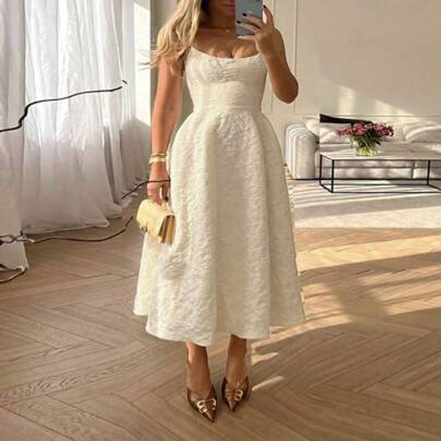 SHEIN Floreya Plus Size Wedding Guest Dress, Elegant Solid Color French Fashion Elegant Slim Waist Bodycon Dress, White Sleeveless Midi Dress