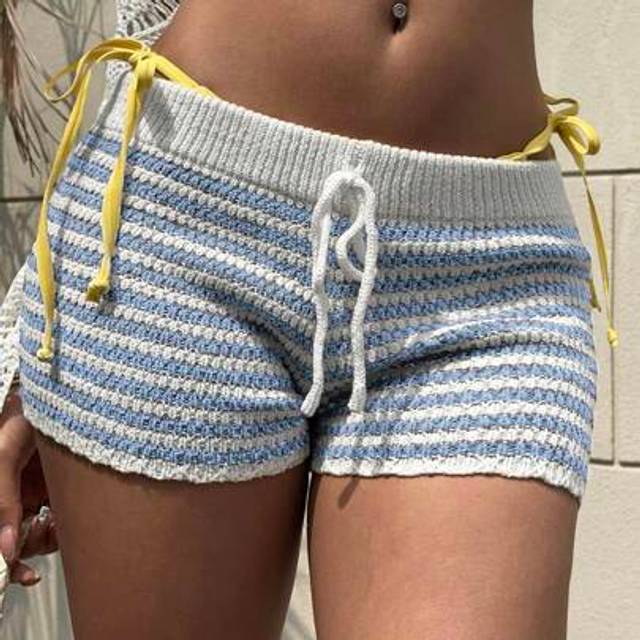 Flirla Slouchy Retro Striped Knitted Shorts For Holiday & Casual Wear