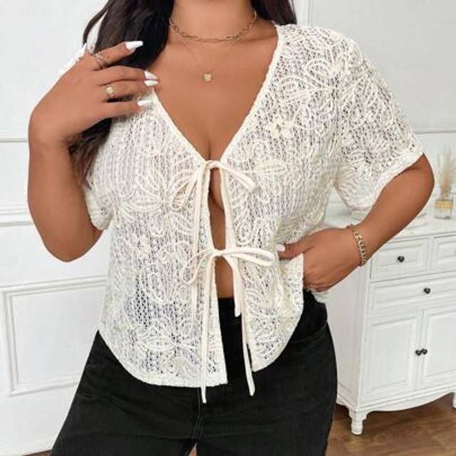 SHEIN Plus Size Short Sleeve Shirt With Textured Semi-Sheer Tie Front Bow Design, Versatile Casual Vacation Shirt, Spring/Summer