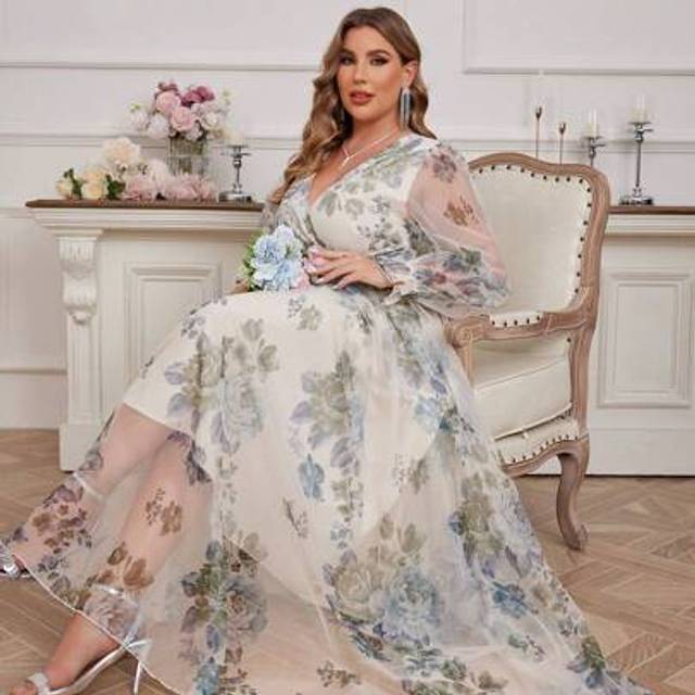 SHEIN Plus Size Floral Print V-Neck Spliced Mesh Modest Long Sleeve Dress