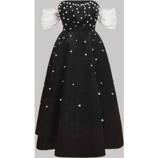 SHEIN Plus Size Black & White Color Block Off Shoulder Pearl Decor Maxi Dress,Summer Outfits For Women ,Festival Outfits For Women,Graduation Dresses For Wo