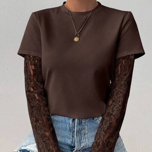 Chiquease Women&#39;s Round Neck Fashion Lace See-Through Long Sleeve T-Shirt, Fall Top
