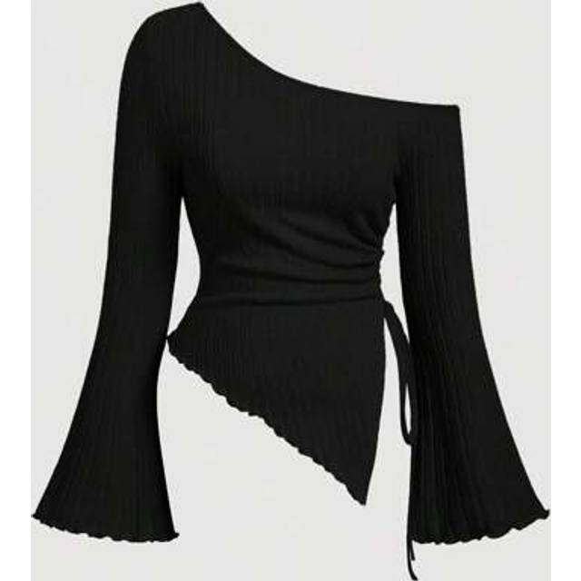 SHEIN Plus Size Women&#39;s Black Drawstring Asymmetric Hem Flared Sleeve T-Shirt,Off Shoulder T-Shirt,Fall Women Clothes,Comfortable T-Shirt