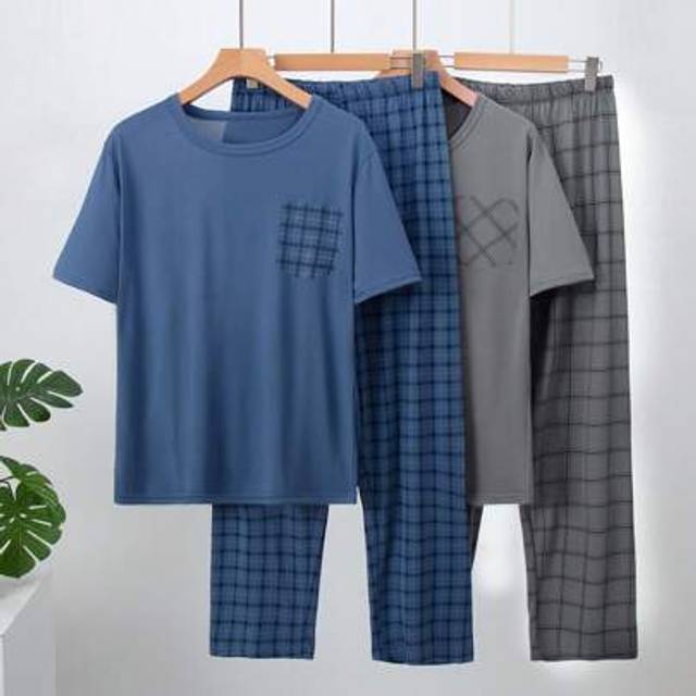 SHEIN 4pcs Men&#39;s Lightweight Pajama Set, Short Sleeve Top And Long Pants, 4-Piece Plaid Lounge Wear Suit For Summer