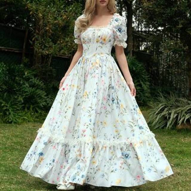 SHEIN White And Colorful Floral Pattern Maxi Lace Ruffles Victorian Vintage Maxi Dress, Party Dress, Prom Dress, Exquisite Craftsmanship,Summer Outfits For