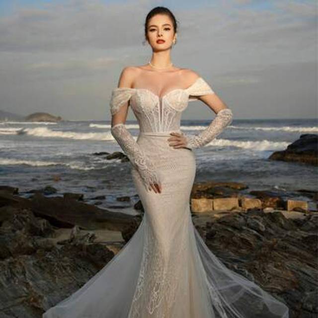 SHEIN HEARBOBO Vintage Off-The-Shoulder Royal Lace Long Sleeve Luxurious Wedding Guest Dress, Mesh Church Mermaid Wedding Dresses For Bride With Train