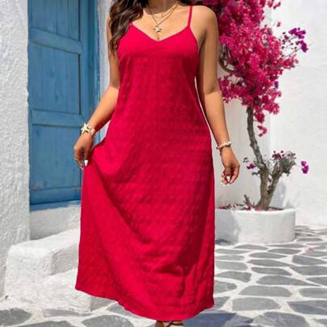 SHEIN Plus Size Women Solid Color Loose Casual Long Strap Dress Beachwear Tropical Vacation Woman Clothes Sundresses For Vacation Vestidos Largos Tropical