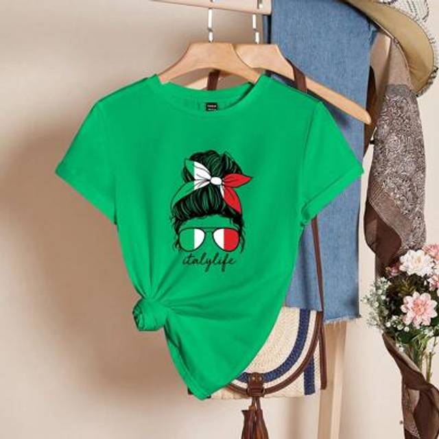 SHEIN Casual Italian Girl Graphic Loose Fit Round Neck Short Sleeve Women T-Shirt, Suitable For Summer