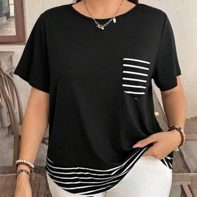 SHEIN Plus Size Striped Patchwork Contrast Color Pocket Decor Casual T-Shirt Western Wear Women Boho Bohemian 90s Clothes Festival Summer Going Out Spring O