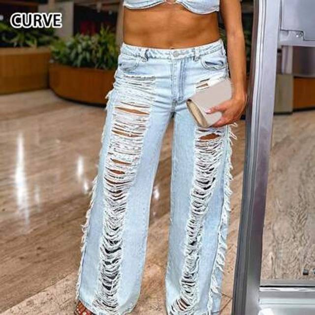 SHEIN American Retro Style Edgy Distressed Ripped Straight Leg Plus Size Women&#39;s Jeans