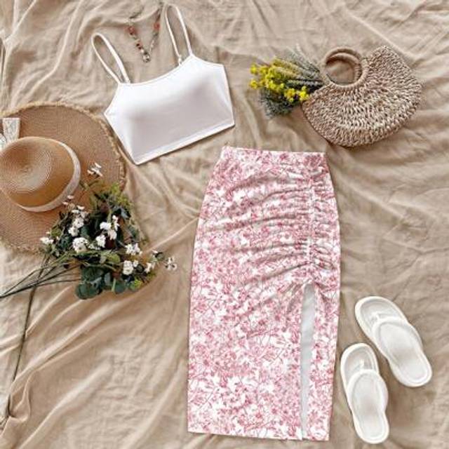 Soleia 2pcs Women Casual Camisole Top And Floral Print A-Line Skirt Set, Suitable For Summer Afternoon Tea, Vacation Island Vacation Outfits