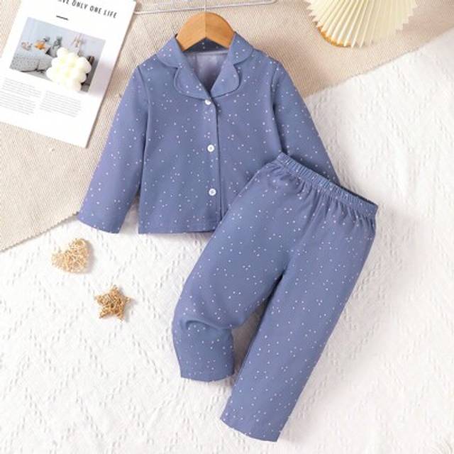 SHEIN 2pcs Baby Girl Casual Cute Digital Heart & Star All Over Print Lapel Collar Top With Pants Outfit, Comfortable Homewear Set