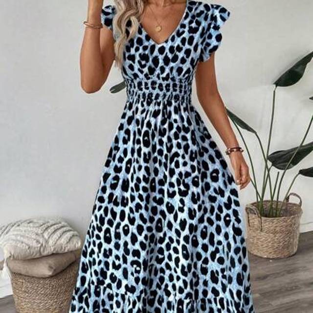 SHEIN Shirred Cap Sleeve Gathered Waist Ruffle Hem A-Line Dress, Vintage Cheetah Print, Elegant Casual/Holiday Wear Leopard Dress,Sun Dresses For Women