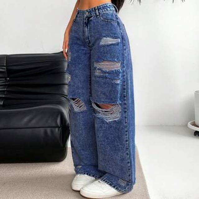 SHEIN Women&#39;s Pockets Loose Fit Distressed Wide Leg Jeans