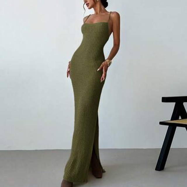 Firerie Women Elegant Minimalist Sexy Criss-Cross Backless Slit Bodycon Midi Knit Slip Dress
