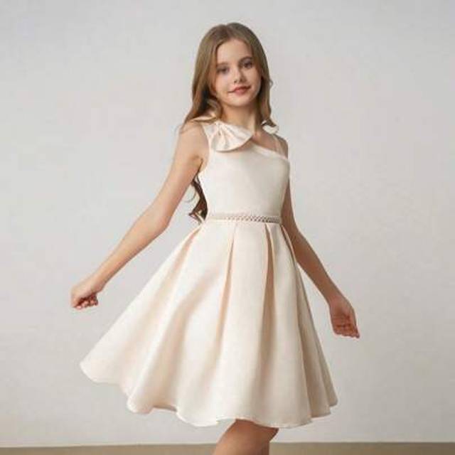 SHEIN Tween Girl Sleeveless One Shoulder Bowknot Waist A-Line Elegant Minimalist Wedding Party Dress With Belt