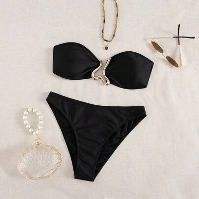 SHEIN Women&#39;s Fashionable Sexy Bandeau Bikini Set, Gold Clips Decor Separates Swimwear For Party & Beach