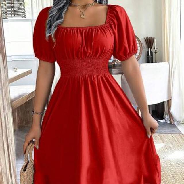 Calvaya Spring/Summer Green Shirred Style Puff Sleeve Dress With Square Neck Collar, Waist Belt For Women Burgundy Color Women Outfit