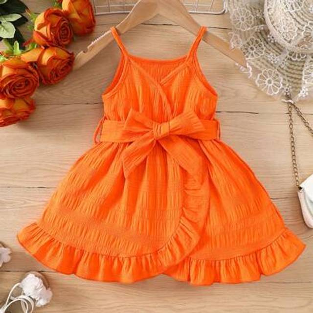 SHEIN Baby Girl Casual Versatile Elegant Jacquard Fabric Spaghetti Strap Dress With Belt, Suitable For Outdoor, Spring/Summer