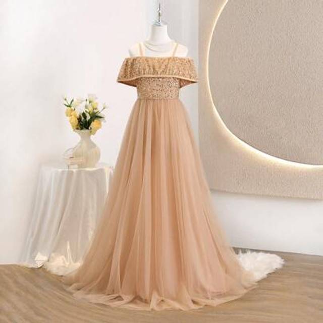 SHEIN Flower Teen Girl Off Shoulder Sling Contrast Mesh Maxi Long Dress, Wedding/Bridesmaid/Birthday Party/Stage Performance