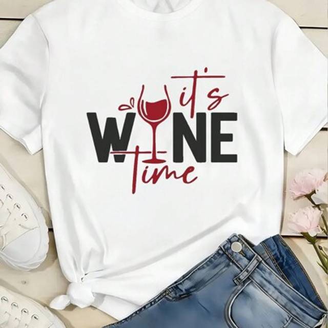 SHEIN Wine Glass Print Letter Graphic Loose Casual Round Neck T-Shirt