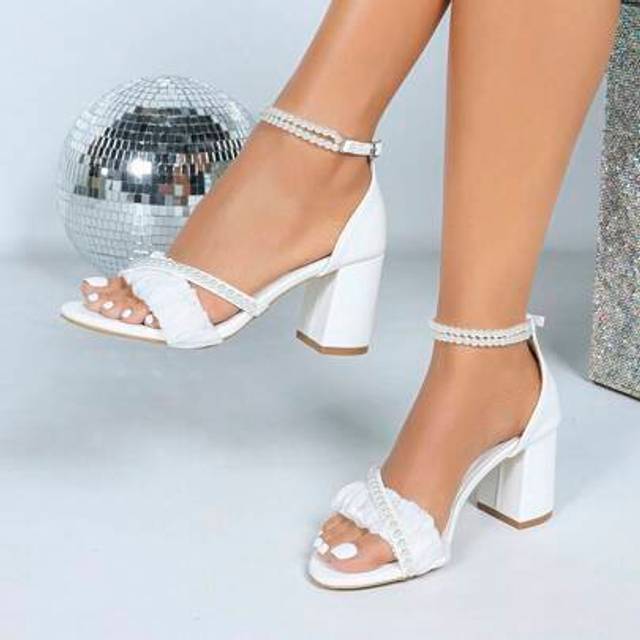 SHEIN Women High Heel Sandals Faux Pearl Strap Chunky Heels Non-Tiring Bridal Banquet Princess Sandals