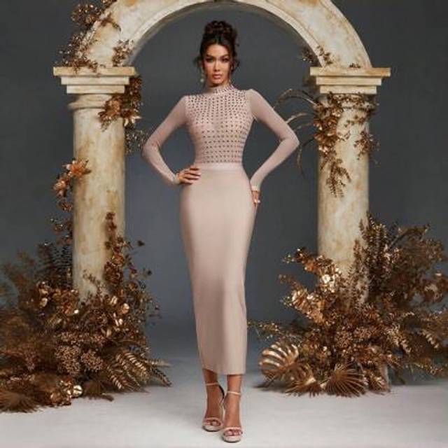 SHEIN Women&#39;s Sexy Mock Neck Rhinestone Bodycon Dress Evening Gown Cocktail Party Prom Dresses Burgundy Long Sleeve Dress For Women, Formal Evening Prom Gow