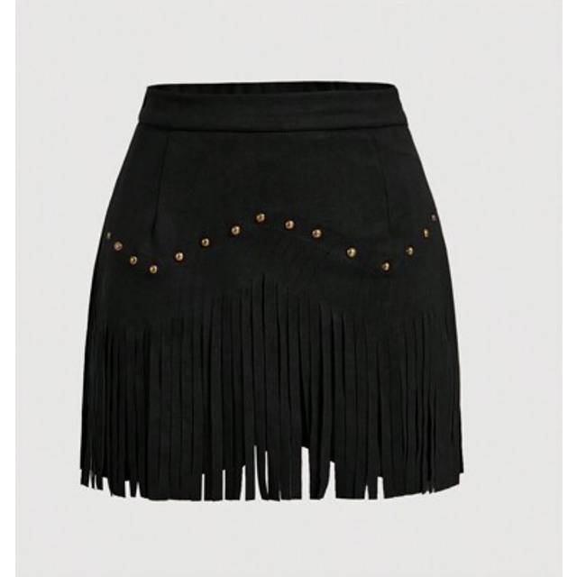 SHEIN Plus Size Women Vintage Hippie Rivet Fringe Black Suede A-Line Skirt, Suitable For Spring/Summer Music Festival, Autumn, Nashville Outfits, Pirate Ski