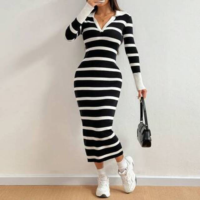 Flirla Women Casual Striped V-Neck Fitted Long Sleeve Dress, Autumn/Winter