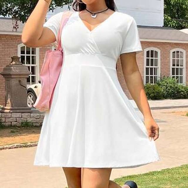 SHEIN Women&#39;s Solid Color Elasticated Waist Short Sleeve Swing Dress, Summer,Graduation Dress