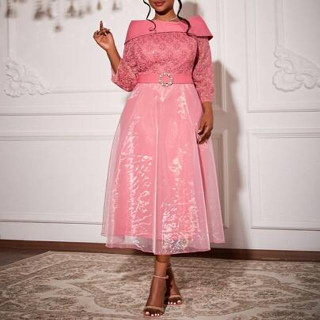 SHEIN Mgiacy-Lady New Arrival Off Shoulder Solid Color Plus Size Cocktail Dress Contrast Lace Belt Metal Buckle Dress, Wedding Guest Dress, Party Dress