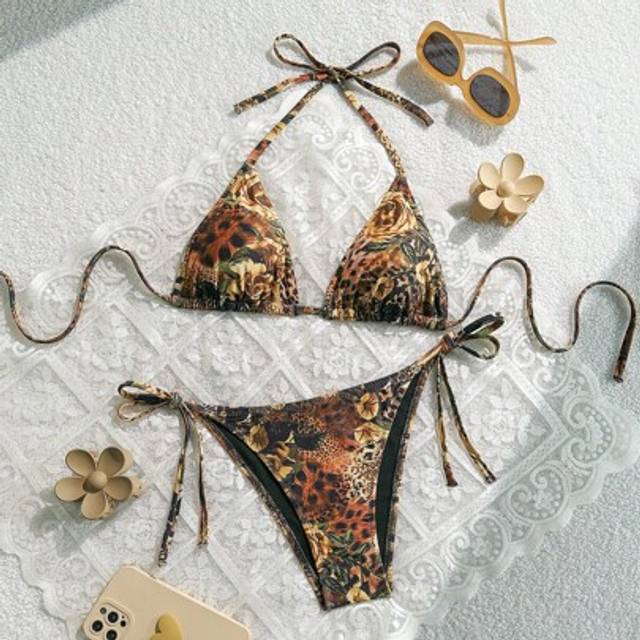 Oceva 2pcs/Set Summer Floral Print Halter Neck Triangle Top & Narrow Side-Tie Sexy Bikini Set
