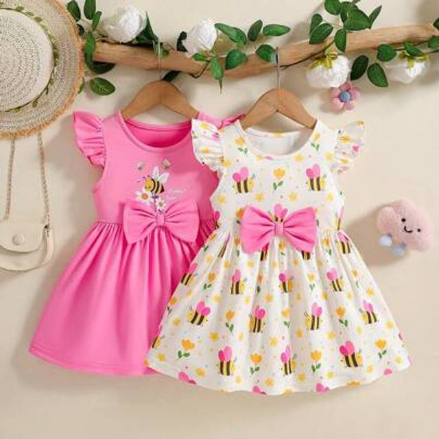 SHEIN 2pcs/Set Baby Girls Cute Bowknot Sleeveless Dress Outfit Set, For Outing In Summer