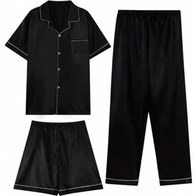 SHEIN Three Piece Sets Men&#39;s Satin Pajama Set Long Pants Silk Sleepcoat Button Style Short Sleeved Cardigan Top Home Clothing Comfortable And Soft Summer Sh